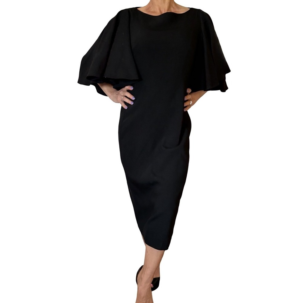 VTG Plein Sud Midi Dress Black Flutter Sleeve Sheath Bodycon Gothcore Wool 10-12